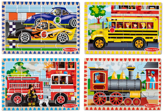 Melissa & Doug 12 Piece Wooden Puzzles In A Box - Vehicles (4 Puzzles)