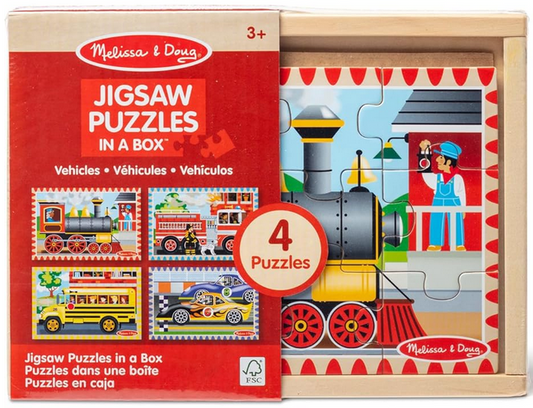 Melissa & Doug 12 Piece Wooden Puzzles In A Box - Vehicles (4 Puzzles)