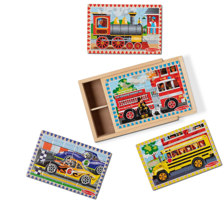Melissa & Doug 12 Piece Wooden Puzzles In A Box - Vehicles (4 Puzzles)